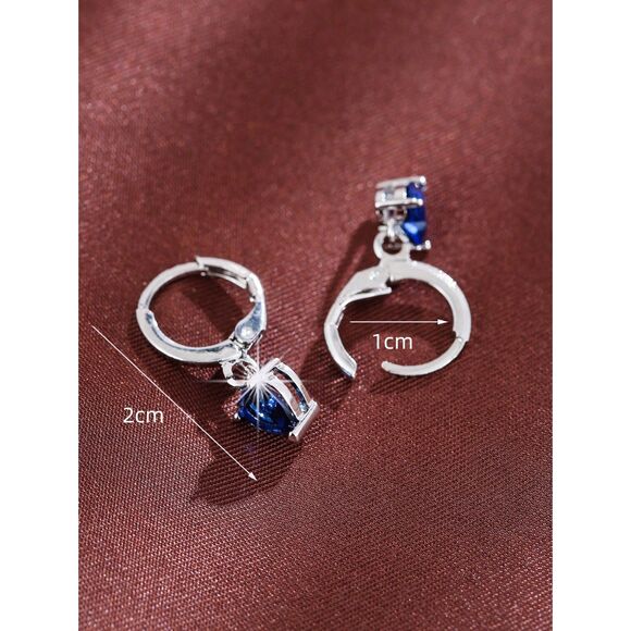 Sapphire Blue Heart Cubic Zirconia Silver Pendant Drop Earrings Dangle Hoop - Picture 4 of 5